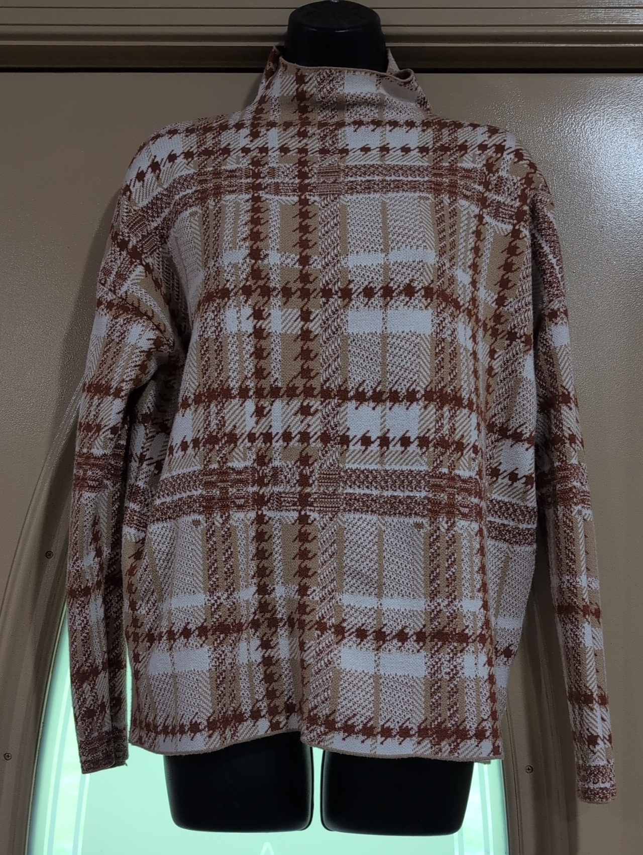 Rachel Zoe Plaid Turtleneck Sweater In Brown And Cream Xl